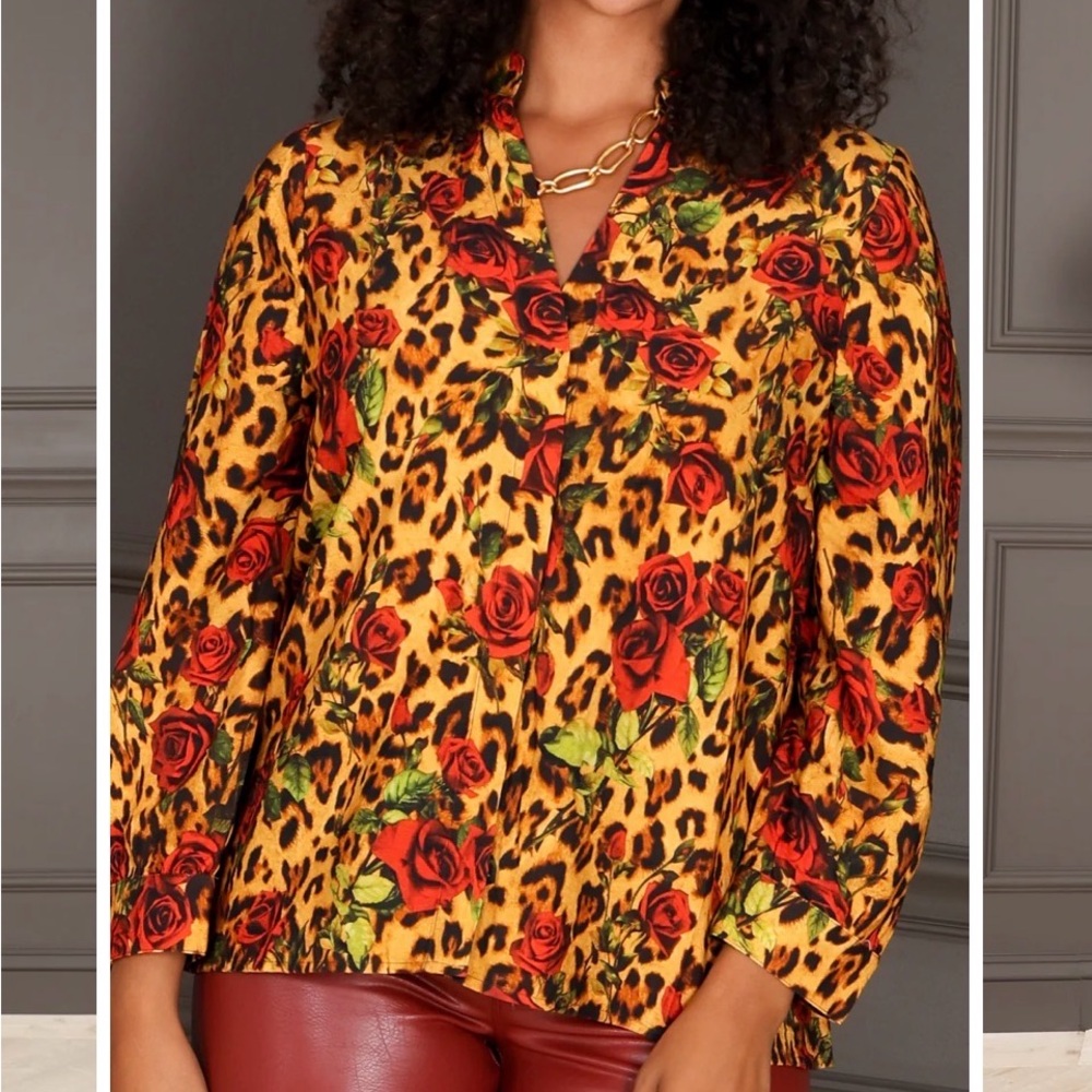 Boho Chic Red Roses Leopard Print Top Edgy Rocker Bold NEW small Cool